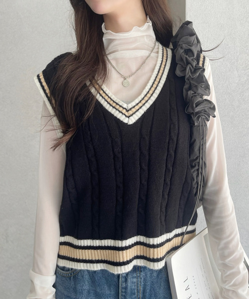 Ada. ベスト ジレ ケーブル編み チルデンニットベスト レディース