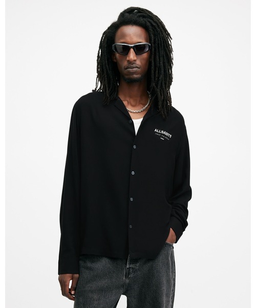 ALLSAINTS★半袖 ロゴ カジュアル ボタン シャツ ワイシャツ★黒 ALLSAINTS シャツ UNDERGROUND LOGO CHECK LONG SLEEVE SHIRT