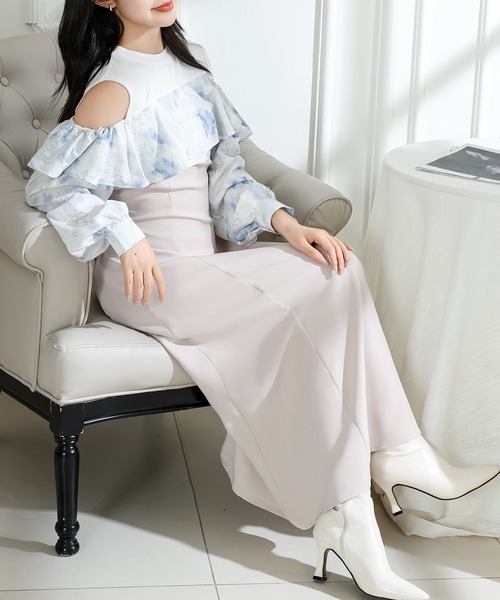Elisabetta Franchi オフショル 花柄 ドッキング トップス Lace Ladies ワンピース 花柄 オフショル ブラウス ドッキング
