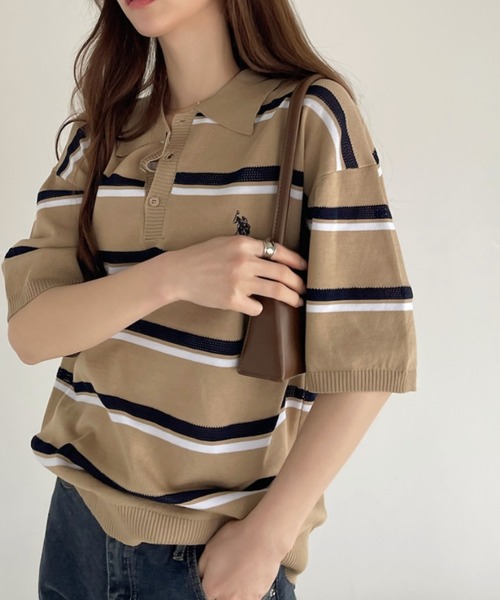 「U.S. POLO ASSN.」 半袖ポロシャツ L ライトベージュ レディース