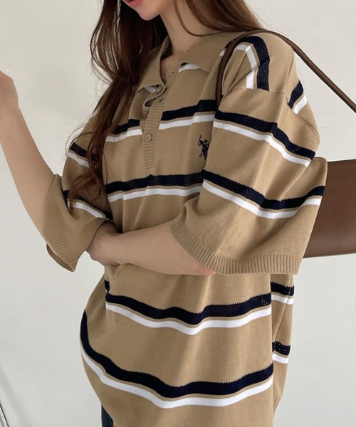 「U.S. POLO ASSN.」 半袖ポロシャツ L ライトベージュ レディース