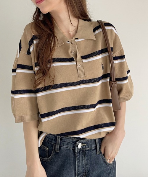 「U.S. POLO ASSN.」 半袖ポロシャツ L ライトベージュ レディース