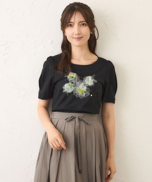 tシャツ ぼかしフラワーモチーフ プルオーバー レディース