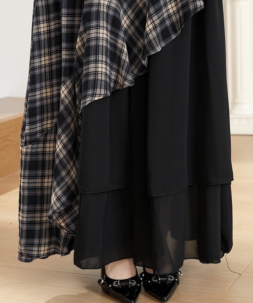 Anely ワンピース チェック柄 アシンメトリー 配色 ティアード