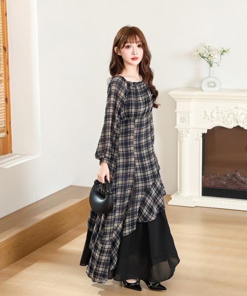 Anely ワンピース チェック柄 アシンメトリー 配色 ティアード
