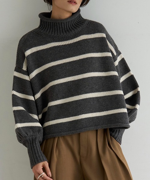 meilmada ニット セーター ハイネックボーダーニット レディース
