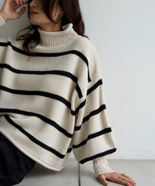 meilmada ニット セーター ハイネックボーダーニット レディース