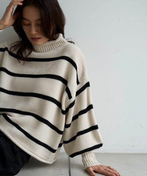 meilmada ニット セーター ハイネックボーダーニット レディース
