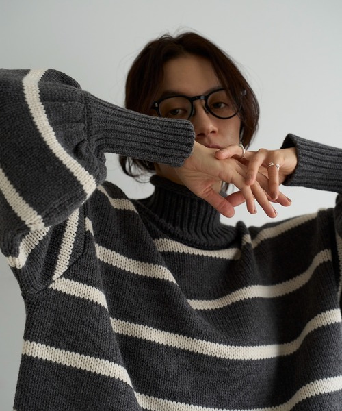 meilmada ニット セーター ハイネックボーダーニット レディース