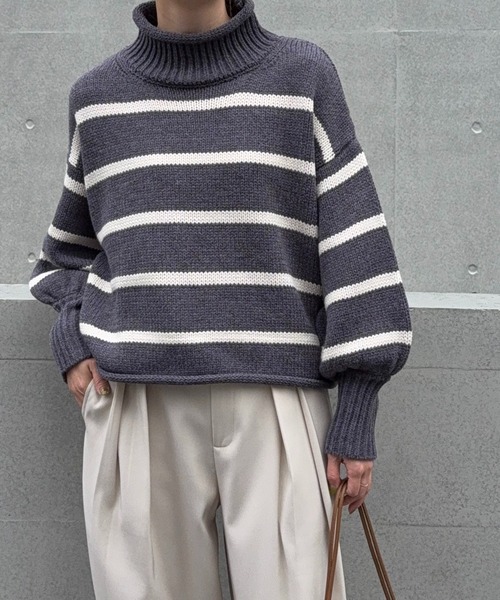 meilmada ニット セーター ハイネックボーダーニット レディース