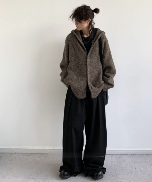 ブラックカーディガン　フード付き　美品 フード付きロングニットカーディガン[品番：SHNW0010160]｜LADY LIKE