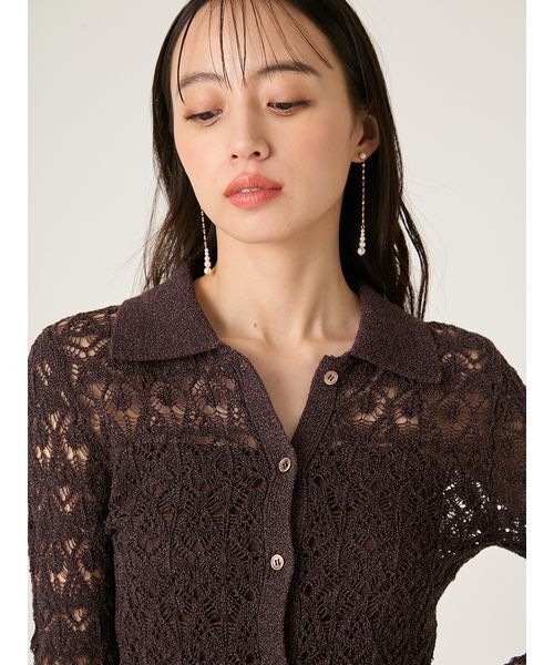 【美品】  PONTI / ポンティ | ウール メタルボタン クロシェ ニット カーディガン | F | ブラック | レディース 美品】 PONTI / ポンティ | ウール メタルボタン クロシェ ニット