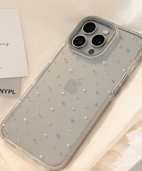 透明ハート星模様iPhoneケース スマホケース きらめく星を散りばめた、透明 iPhone ケース 13/14.15