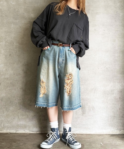 「DOUBLE NAME」 デニムハーフパンツ FREE ネイビー レディース_画像4