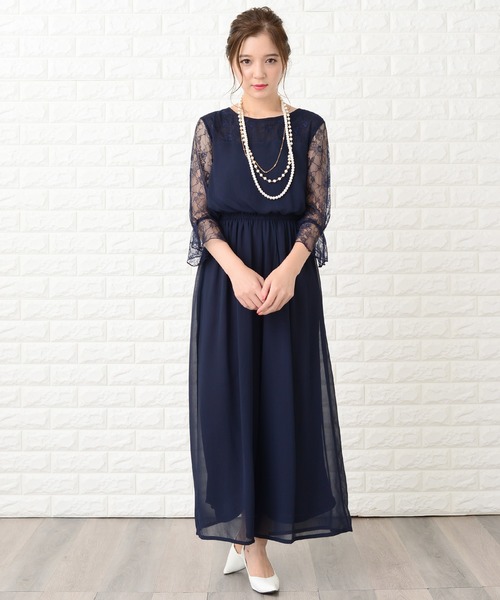 美品 MYRRH ネイビー レース袖 フォーマルパンツ Lace Ladies パンツドレス 袖レースウエストゴムシフォン