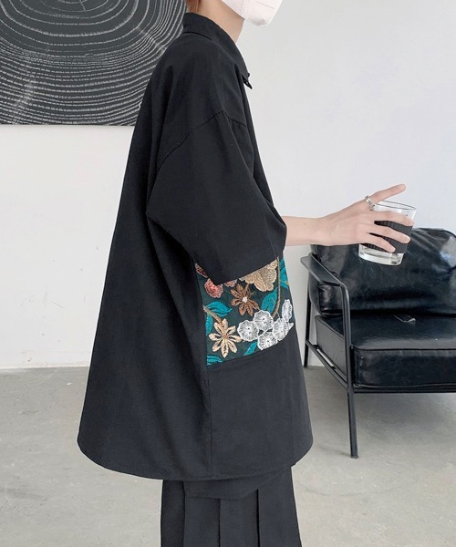 七分袖 シャツ 「FVLMEN」flower embroidery halfsleeve shirt