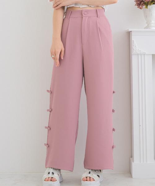 新品✨エムズグレイシー ガウチョパンツ ワイドパンツ フリル リボン ピンク S Emsexcite（エムズエキサイト） パンツ サイドリボンパンツ レディース