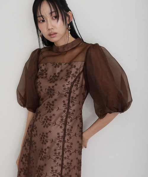 atlo（アトロ） ドレス 結婚式 パーティードレス パフスリーブミモレ丈