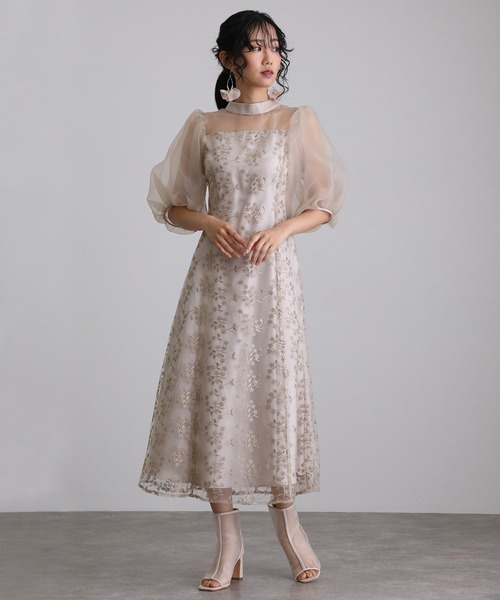 【最終お値下げ】atlo. pourvous ウエストリブ パフスリーブ　結婚式 プールヴー PourVous ウエストリブパーティードレスお呼ばれ