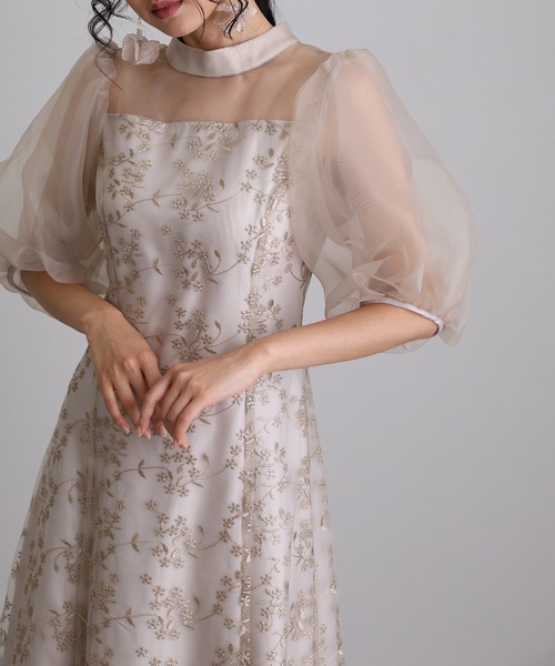 【最終お値下げ】atlo. pourvous ウエストリブ パフスリーブ　結婚式 セール】ウエストリブ パーティードレス お呼ばれロング&七分丈