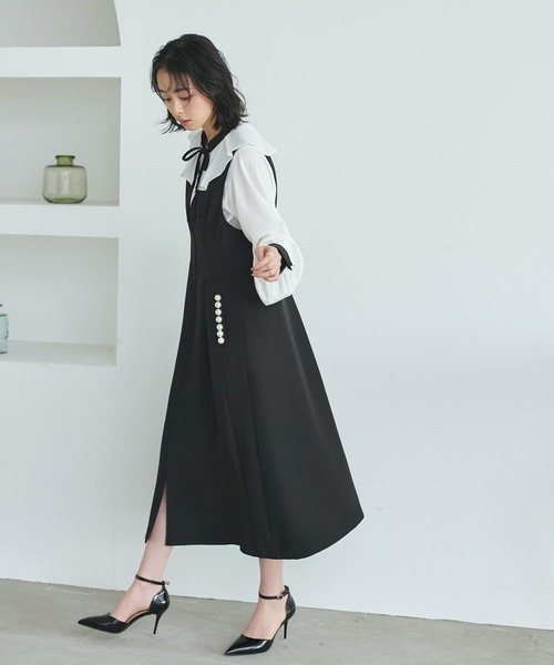 ✨日本製✨ アンプレガント 【S】 2WAY ジレ ワンピース 羽織り 綿 紺 着脱楽々♪フロントファスナーシリーズ】パールモチーフ 2wayジレ