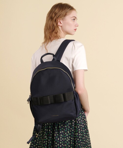 極美品 TOCCA リボン フリル リュック ネイビー　希少♪ A4サイズ対応・撥水・PCポケット付き】SIDE RIBBON BACKPACK