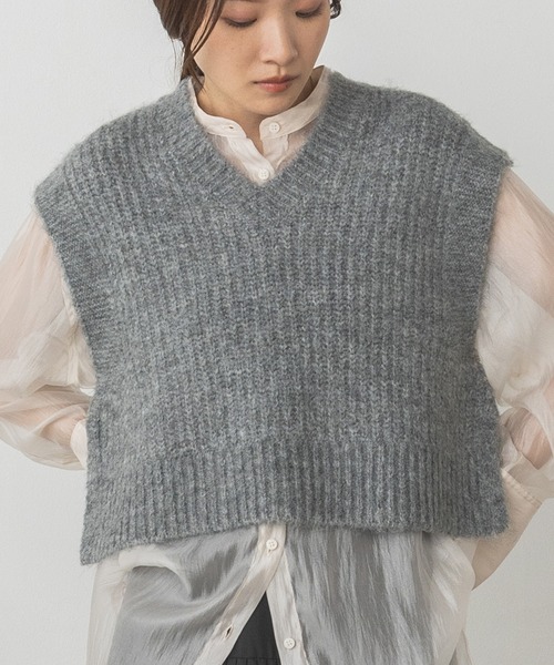 hunchハンチ フラッフィーニットベスト レディース ショート丈 杢グレー 前後2way 無地 おしゃれ 大人 新品 hunch ベスト ジレ 前後2WAY ショートニットベスト レディース