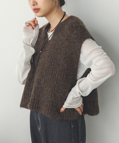 hunchハンチ フラッフィーニットベスト レディース ショート丈 杢グレー 前後2way 無地 おしゃれ 大人 新品 hunch ベスト ジレ 前後2WAY ショートニットベスト レディース