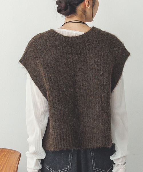 hunchハンチ フラッフィーニットベスト レディース ショート丈 杢グレー 前後2way 無地 おしゃれ 大人 新品 hunch ベスト ジレ 前後2WAY ショートニットベスト レディース