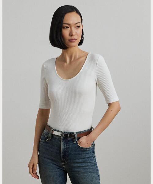 tシャツ リブニット コットンブレンド エルボースリーブ Tシャツ レディース