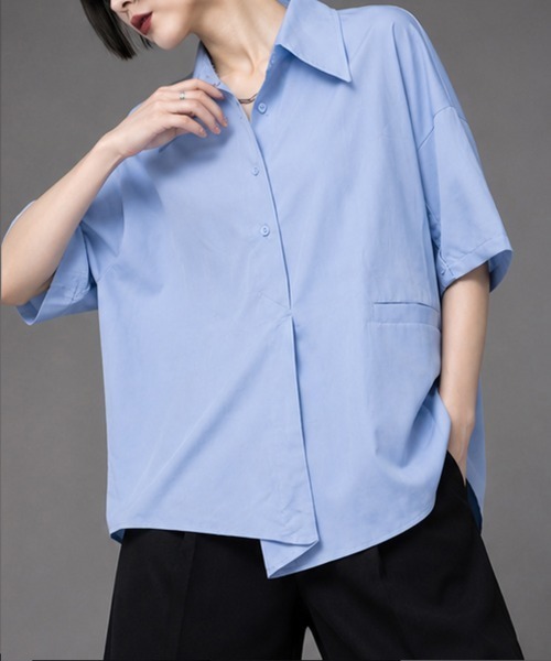 senso unico 慈雨＊アシンメトリー　ドローストリング　半袖シャツ　L Sally Lunn ブラウス シャツ 夏 半袖 「さらっとした肌触り♪選べる5