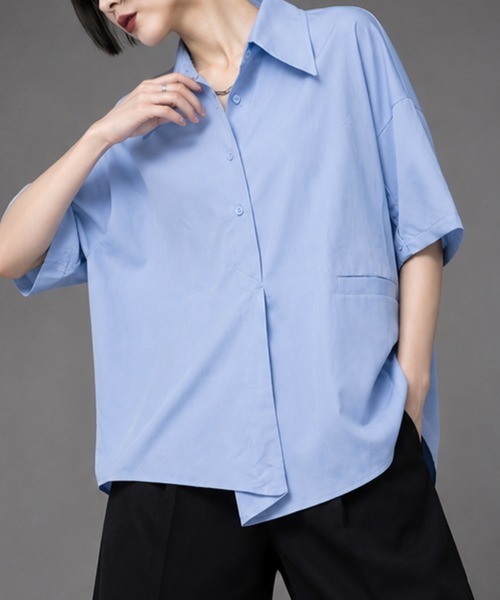 senso unico 慈雨＊アシンメトリー　ドローストリング　半袖シャツ　L Sally Lunn ブラウス シャツ 「さらっとした肌触り♪選べる5カラー/S