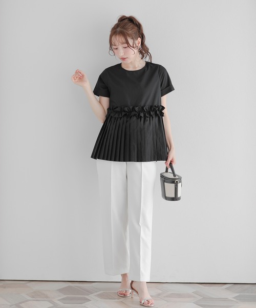 新品タグ付き！Fit more フィットモア 白襟 フリルブラウス ☆ブラック Fit more（フィットモア） tシャツ 裾フリルギャザースリーブブラウス