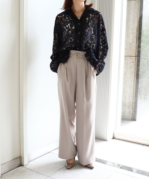 Jines（ジネス） ブラウス シャツ フラワーレースオープンカラーシャツ