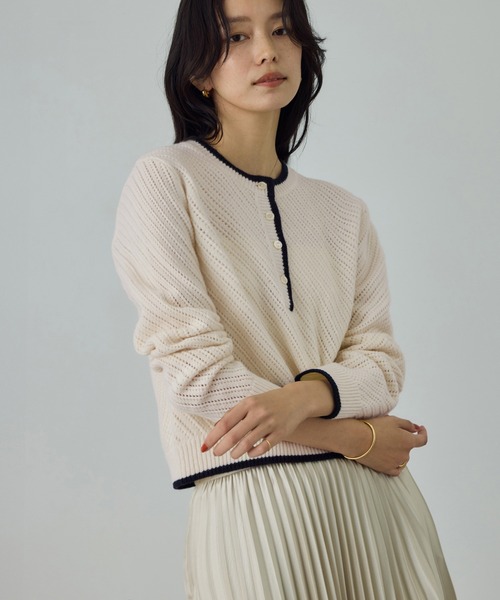 ROPE'（ロペ） ニット セーター カシミヤ混 透かし柄バイカラーニット
