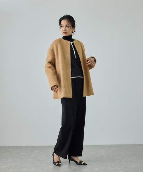 【ブラック（01）】カシミヤ混 透かし柄バイカラーニット/イージーケア ROPE'（ロペ） ニット セーター カシミヤ混 透かし柄バイカラーニット