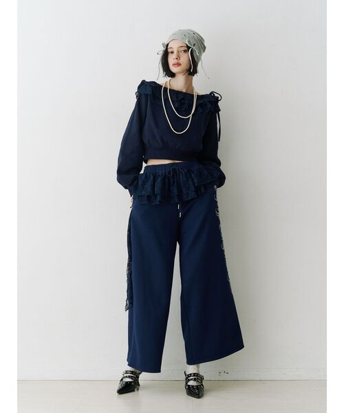 Her Praha レース付きネイビースウェット jouetie（ジュエティ） ワイドパンツ スウェットパンツ ジャージ
