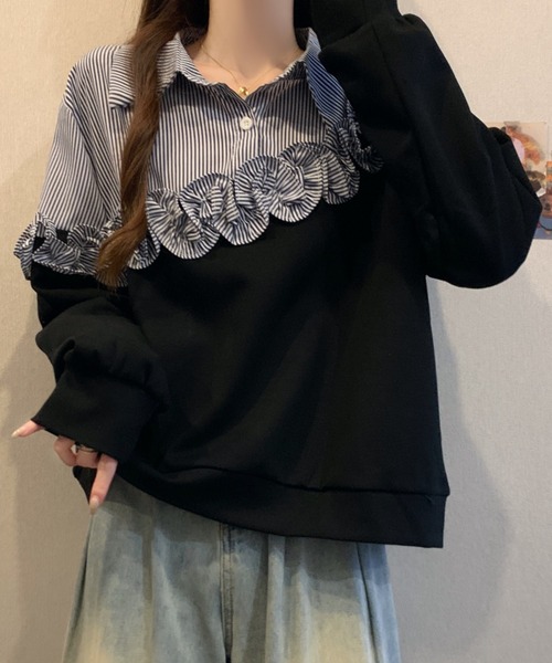 emi+ トレーナー スウェット ストライプ柄ドッキングフリルスウェット