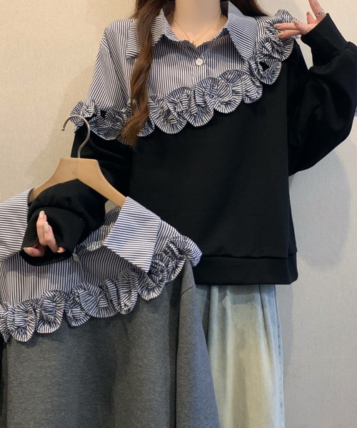 emi+ トレーナー スウェット ストライプ柄ドッキングフリルスウェット