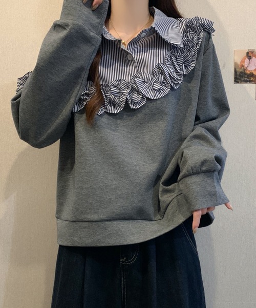 emi+ トレーナー スウェット ストライプ柄ドッキングフリルスウェット