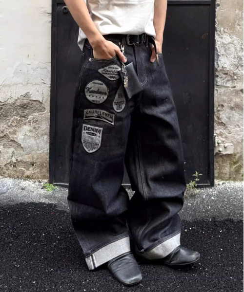 ワイドデニムパンツ ストリート NEOS（KOKUYO） ワイドパンツ ジーンズ 「neos」ワッペンデザイン
