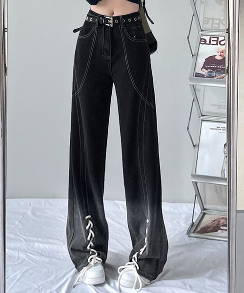 GLAMOROUS JANE ジーンズ デニム デニムパンツ 配色ステッチ裾 GLAMOROUS JANE ジーンズ デニム デニムパンツ 配色ステッチ裾