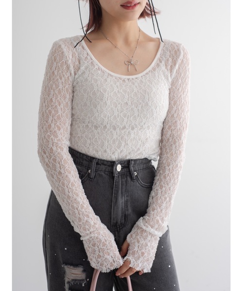 トップス TOCO jumelle tシャツ 「前後2way/サムホール付き」flower lace sew