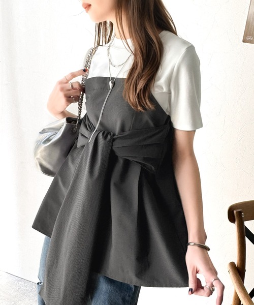 シフォンリボンビスチェ風カットソー ヘビロテアイテム】ビスチェ風シフォンドットカットソー | La boutique