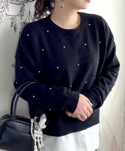 Ameri VINTAGE パールビジューニット　ブラック Ameri（アメリ）の「TWINKLE BIJOU SHORT KNIT TOP（ニット/セーター