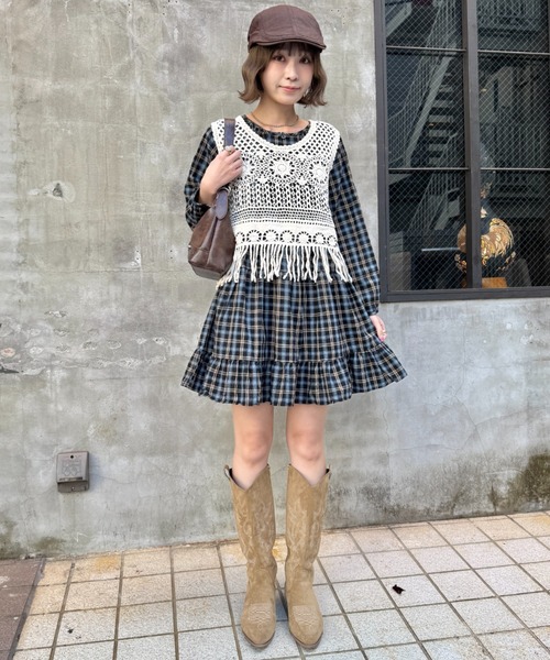 SOLLON. ベスト ジレ メッシュレースクロシェフリンジベスト