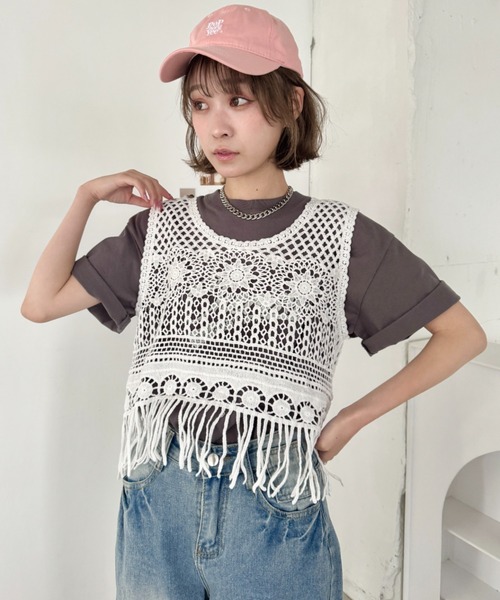 ベスト ジレ コードレースメッシュベスト レディース SOLLON. ベスト ジレ メッシュレースクロシェフリンジベスト
