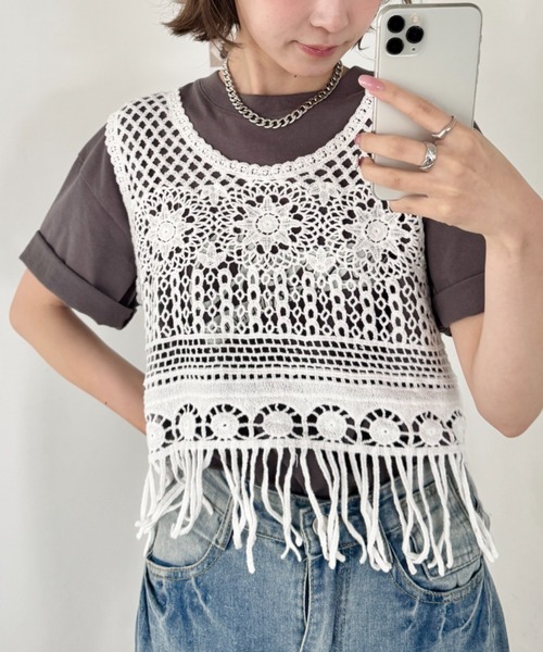SOLLON. ベスト ジレ メッシュレースクロシェフリンジベスト