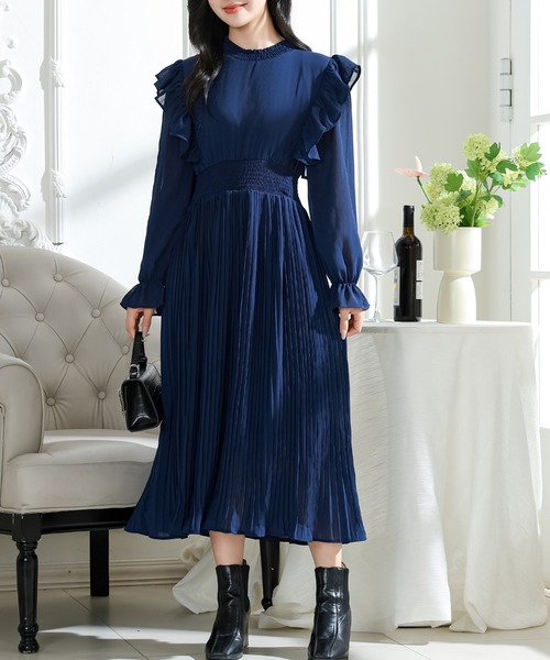 MAX&Co. ネイビー紺　ロングワンピース　ドレス　袖フリル Lace Ladies（レースレディース） ワンピース 肩フリル プリーツ