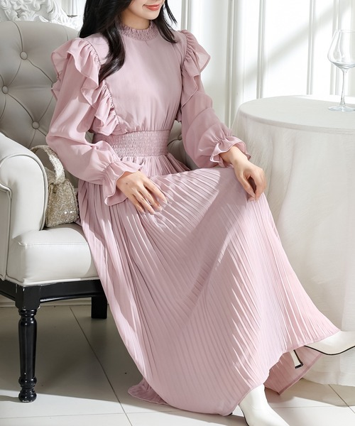 美品 M'S GRACY フリル ウール ワンピース 長袖 ピンク 38 Lace Ladies（レースレディース） ワンピース 肩フリル プリーツ